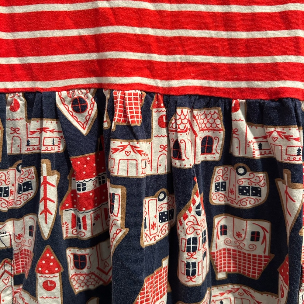 Hanna Andersson Red and Navy Striped Kids Dress Festive Gingerbread Houses 6-7Y - Picture 2 of 5